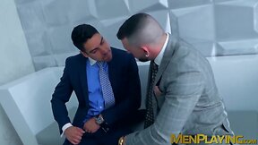 Jock executive has his dick sucked before hammering his man