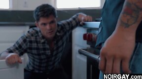 Ebony plumbers fixing white guy’s clogged pipe