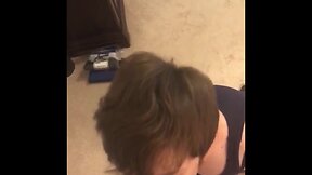 Crossdressed teenager giving bj takes hot load on his face