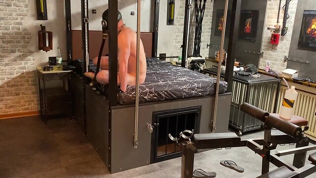 Gay chastity slave endures toy pounding