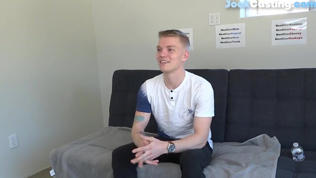 Inked casting jock tugs shaved penis for ejaculation